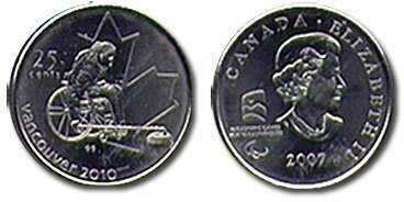 Canada. Elizabeth II. 2007. 25 cents. 2010 Vancouver Winter Olympics. #03. Paralympic Games - Wheelchair Curling. Fe-Ni 4.430 g., KM#684. UNC.