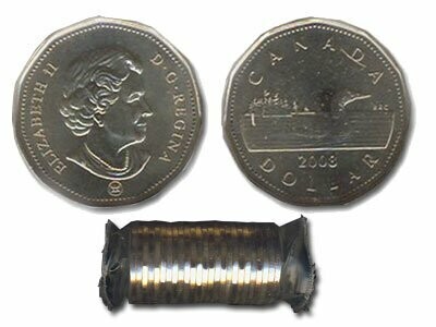 Canada. Elizabeth II. 2008. 1 dollar - a roll of 25 coins. Loonie. RCM logo. Ni-Cu. KM#. UNC