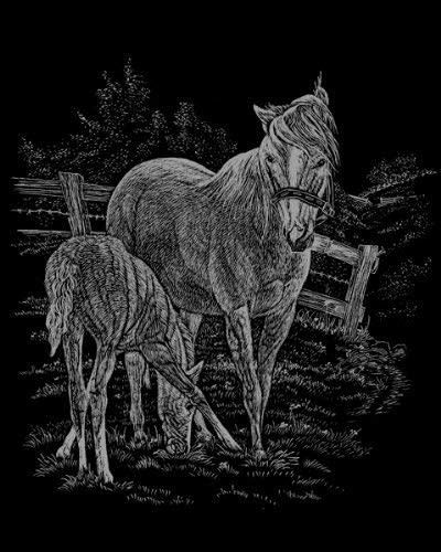Engraving Art Silver Foil Mare &amp; Foal