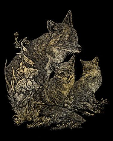 Engraving Art Gold Fox &amp; Cubs