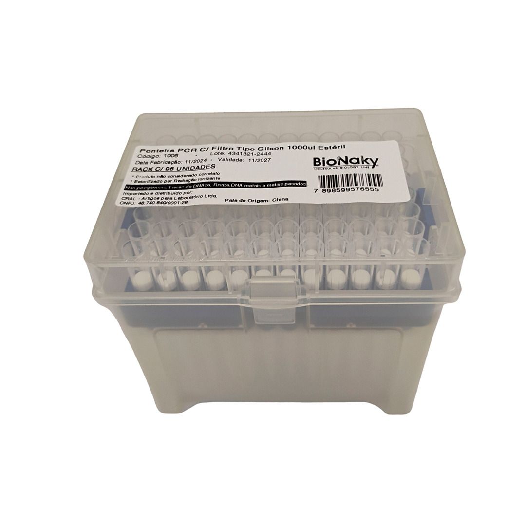 Ponteira PCR com Filtro Tipo Gilson 1000ul Estéril em Rack com 96 Peças