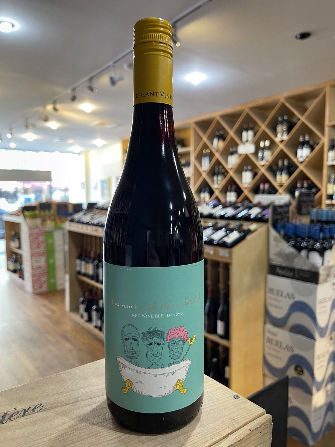 Black Elephant Vintners three Men in a tub with a Rubber Duck