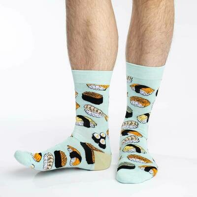 Sushi design cotton crew sock sold by Canadian owned Purple Moose Sock Company.