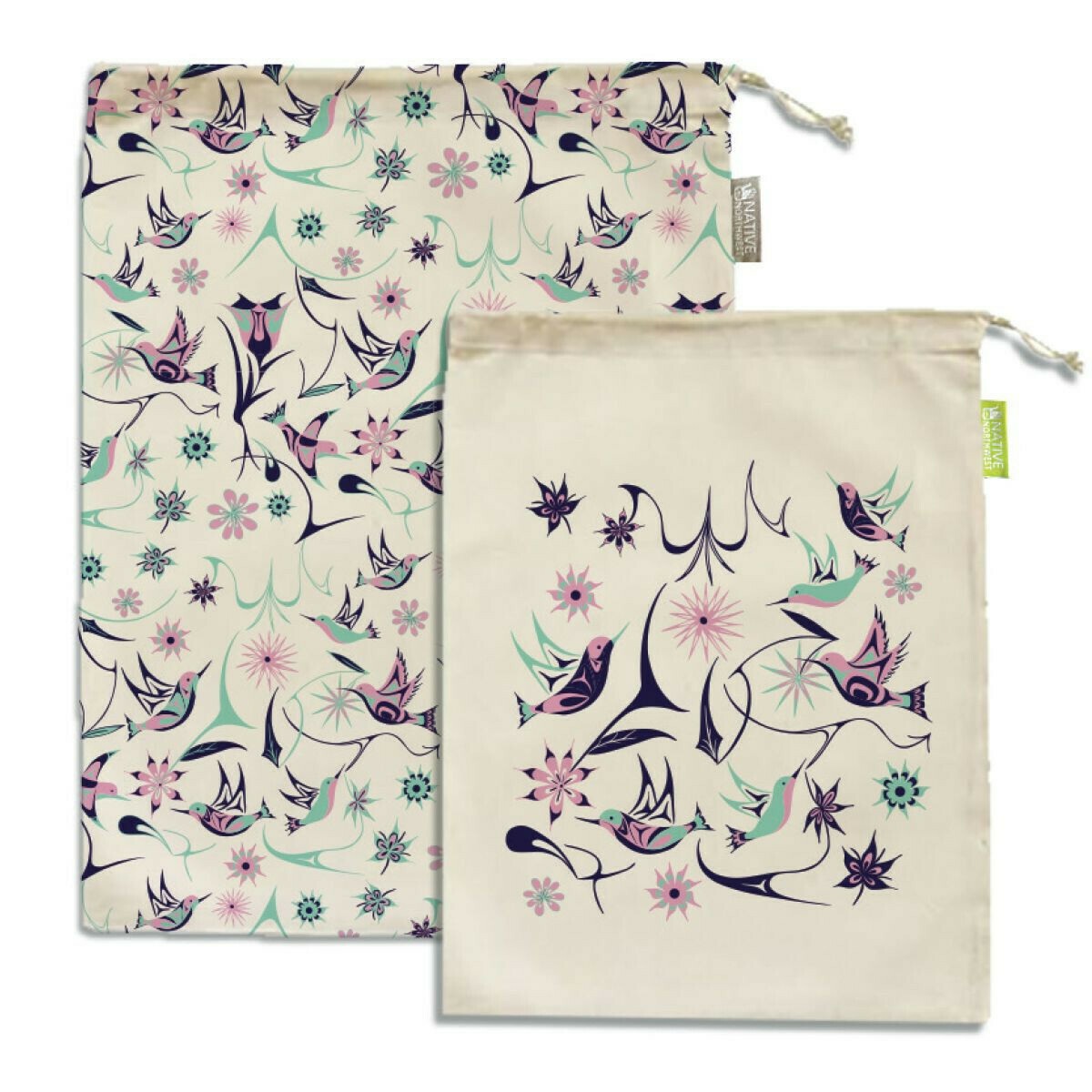Set of 2 Reusable Produce / Gift / Storage Bags, Design: Hummingbirds