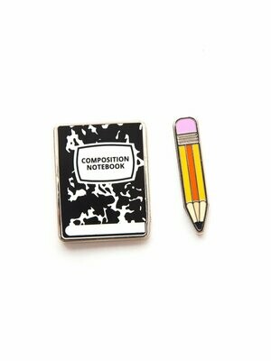 Notebook and Pencil enamel pin set