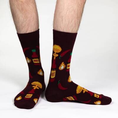 Hot Sauce design cotton crew sock sold by Canadian owned Purple Moose Sock Company.