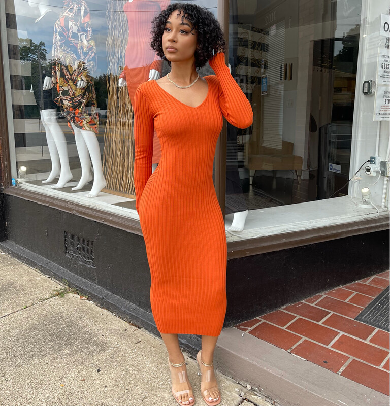 India Ribbed Midi Dress-Orange