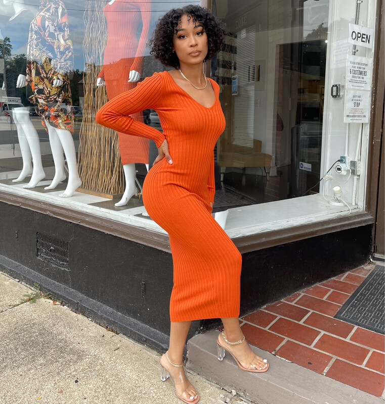 India Ribbed Midi Dress-Orange