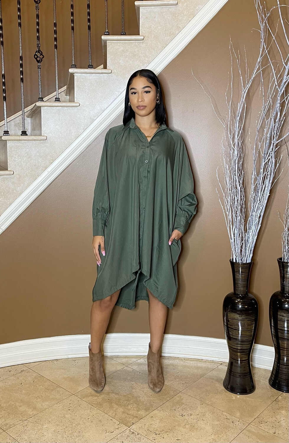 Kira Oversized Top W/ Drawstrings-Olive