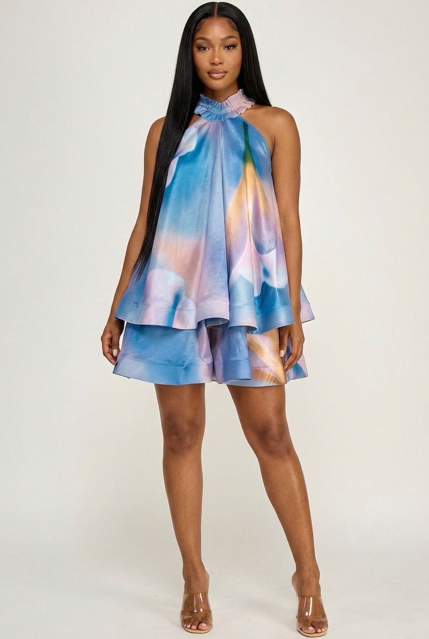Garden Party Tiered Dress-Blue Multi Print