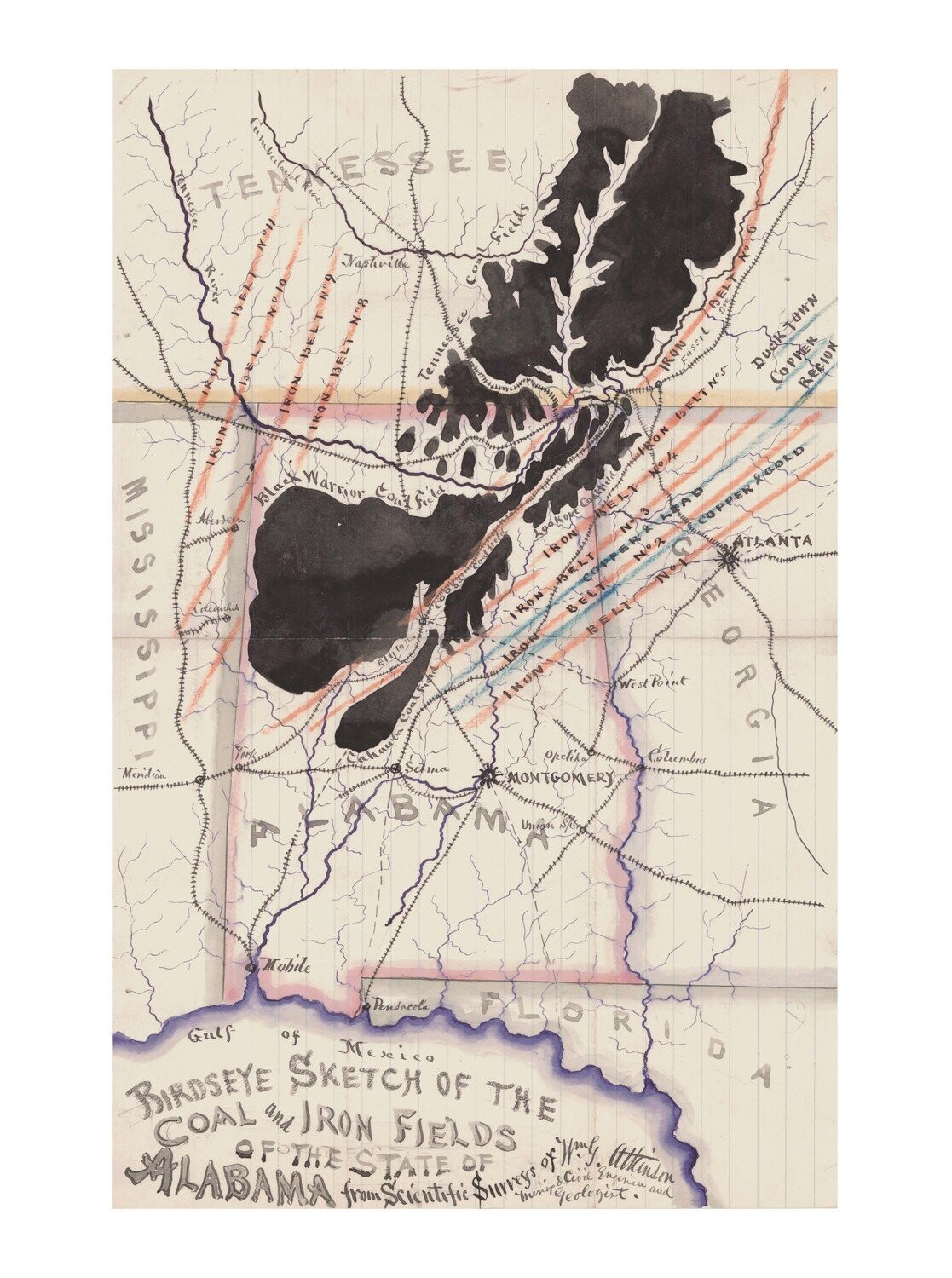 1872 Alabama Map of Coal and Iron Deposits