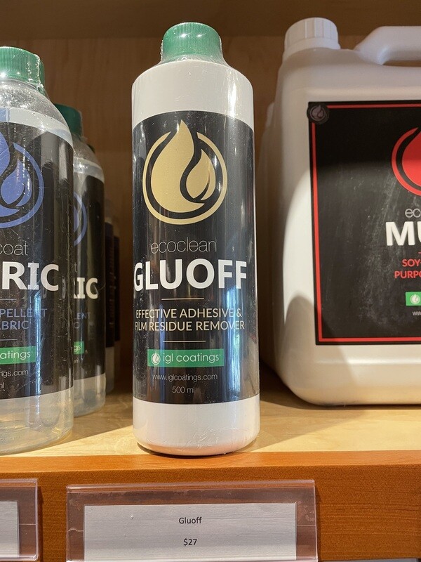 Ecoclean Gluoff is a natural-based, zero-VOC, nanotechnology adhesive remover that works effectively in removing adhesives and gunk with ease. 

Gluoff is particularly efficient in removing adhesives from tint, PPF, vinyl wrap and glass stickers. 

Reduce up to 90% of your time spent on adhesive removals.​​

Caution: Do not let dwell and wipe off excess immediately.​
