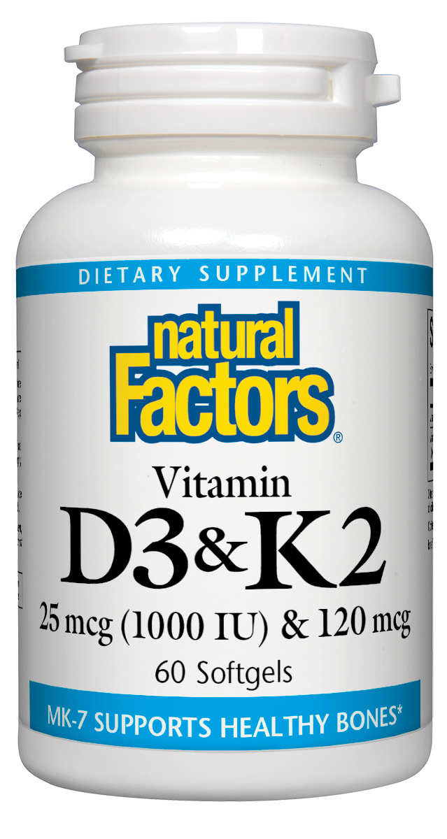 Natural Factors - D3 &amp; K2 1000 IU &amp; 120 mcg - 60 Softgels