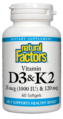 Natural Factors - D3 &amp; K2 1000 IU &amp; 120 mcg - 60 Softgels