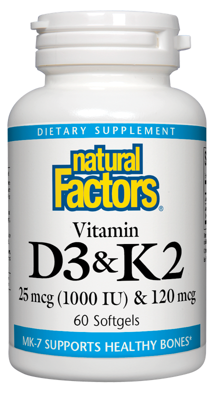 Natural Factors - D3 &amp; K2 1000 IU &amp; 120 mcg - 60 Softgels