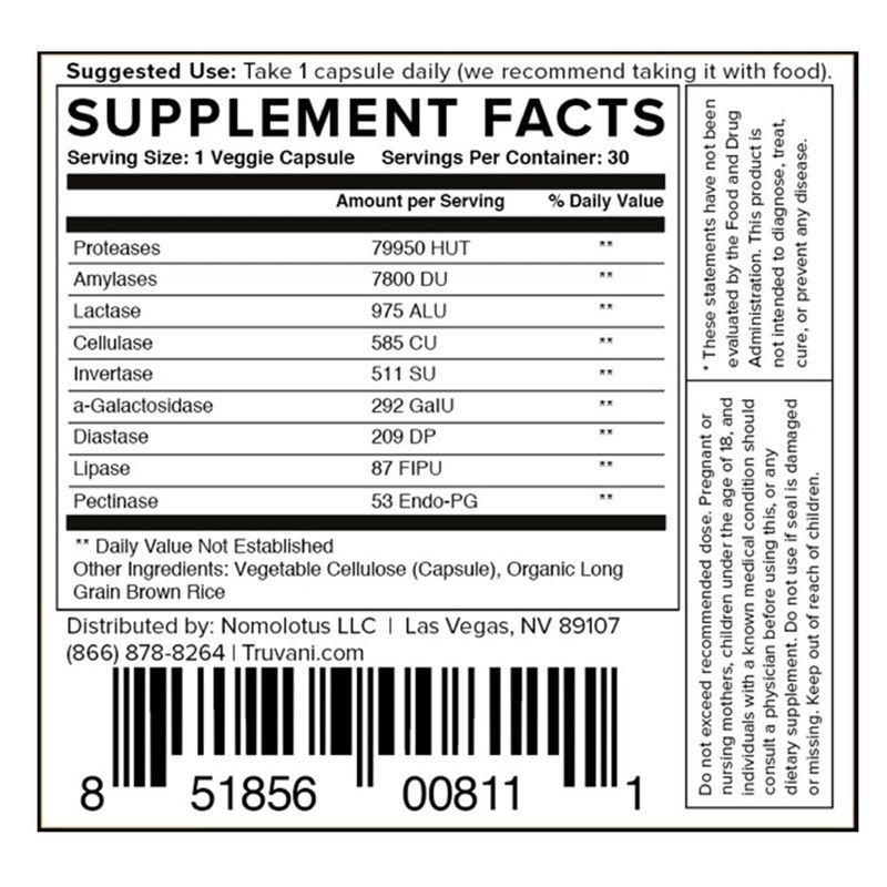 Truvani - Easy Enzymes - Plant Based Digestive Enzymes - 30 Capsules
