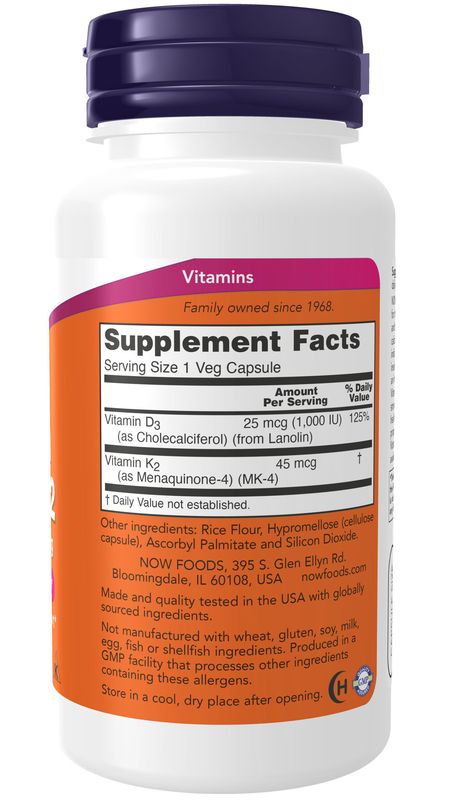 Now - Vit D 3 K2 1000 IU 45 mcg - 120 Veg Capsules
