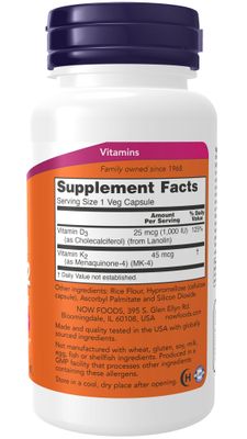Now - Vit D 3 K2 1000 IU 45 mcg - 120 Veg Capsules