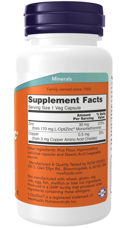 Now - L Optizinc R 30mg + Copper - 100 Capsules