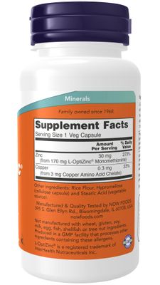 Now - L Optizinc R 30mg + Copper - 100 Capsules