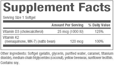 Natural Factors - D3 &amp; K2 1000 IU &amp; 120 mcg - 60 Softgels