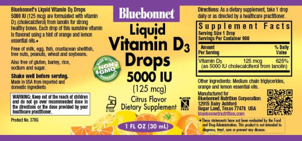 Bluebonnet - Liquid Vitamin D3 Drops 5000 IU Citrus - 1 fl oz