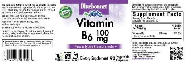 Bluebonnet - Vitamin B6 100 mg - 90 Veg Capsules