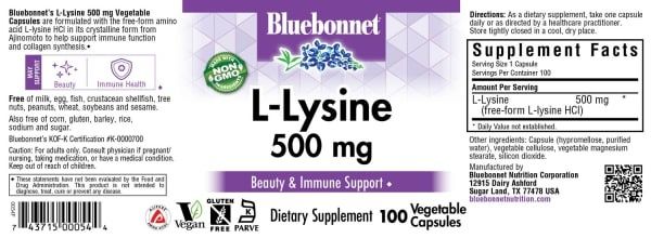 Bluebonnet - L-Lysine 500 mg - 100 Veg Capsules