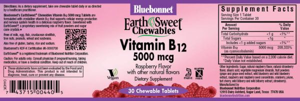 Bluebonnet - Earthsweet Chewables Vitamin B-12 5000 mcg Raspberry - 30 Tablets