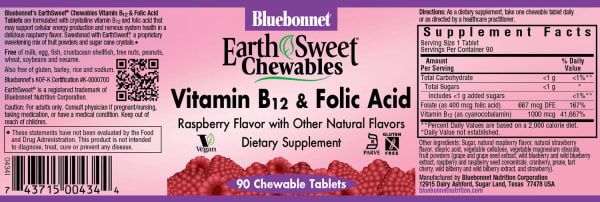 Bluebonnet - Earthsweet Chewables Vitamin B-12 &amp; Folic Acid Raspberry - 90 Tablets