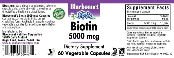 Bluebonnet - Biotin 5000 mcg - 60 Veg Capsules