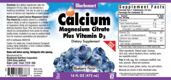 Bluebonnet - Liquid Calcium Magnesium Citrate Plus Vitamin D3 Natural Blueberry - 16 oz