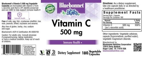 Bluebonnet - Vitamin C 500 mg - 180 Veg Capsules