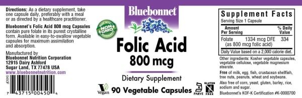 Bluebonnet - Folic Acid 800 mcg - 90 Veg Capsules