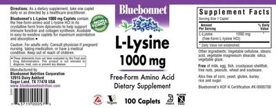Bluebonnet - L-Lysine 1000 mg - 100 Capsules
