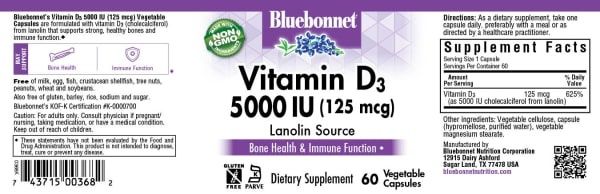 Bluebonnet - Vitamin D3 5000 IU - 60 Veg Capsules