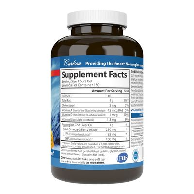 Carlson - Cod Liver Oil Gems  Low Vit A - 150 Softgels