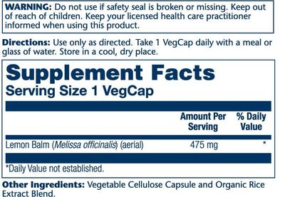 Solaray - Lemon Balm - 100 Capsules