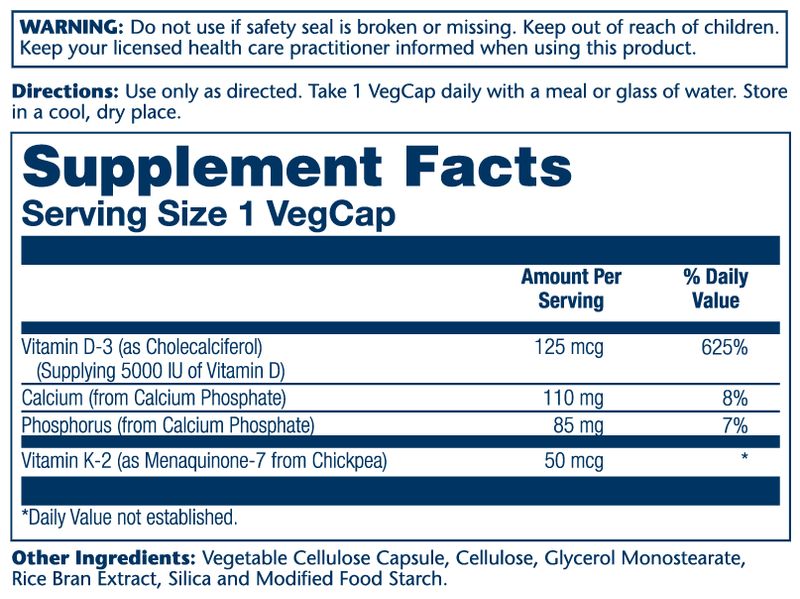 Solaray - Vit D3&amp;K2 5000IU (125mcg/50mcg) - 60 vegcap