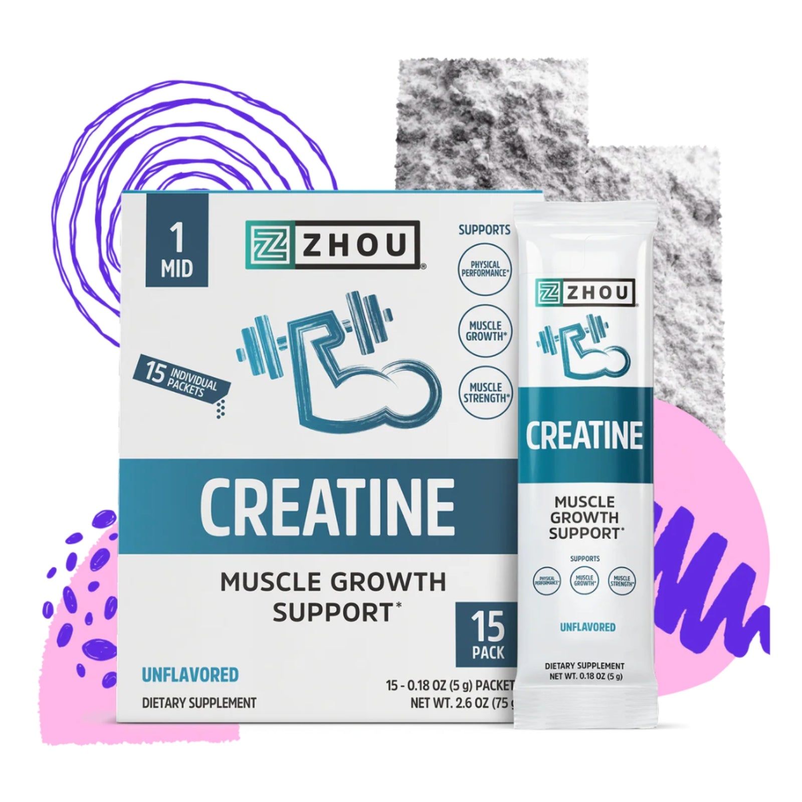 Zhou - Creatine 5g Stick Pack Unflavored - 15 pack