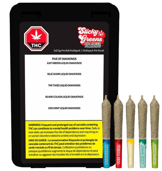 Five of Diamonds, Sticky Greens (5x0.5g) Kief Coated Liquid Diamond Infused Pre-Rolls