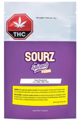 Peach Passionfruit 1:1:1 CBN:CBD:THC, SOURZ by Spinach (5/pk) Soft Chews