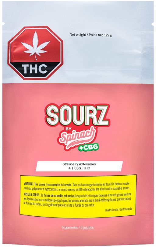 Strawberry Watermelon 4:1 CBG:THC (5pk) Soft Chews, SOURZ by Spinach