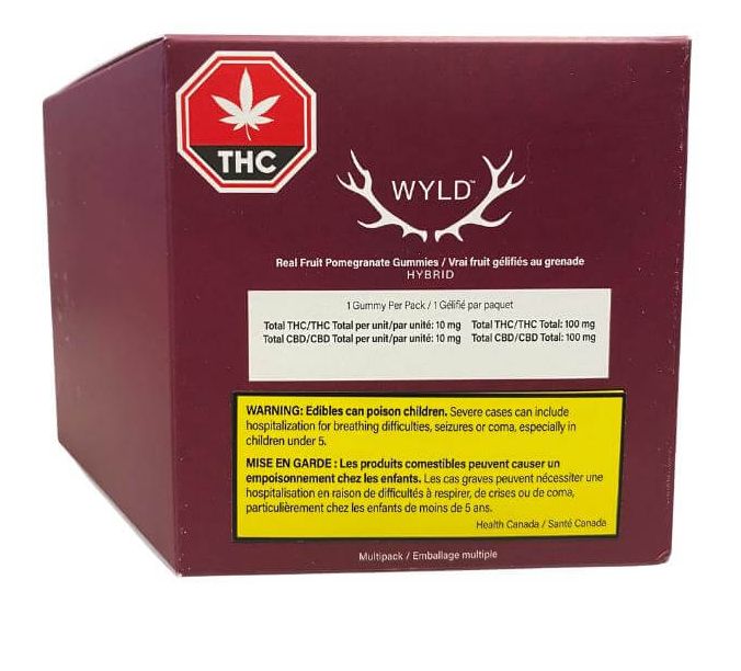 Multipack of 10 Pomegranate 1:1 THC:CBD, Wyld Gummies (100mg THC:100mg CBD)