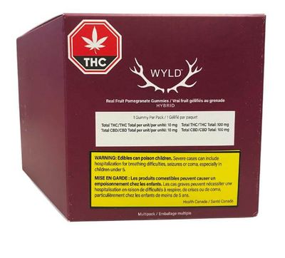 Multipack of 10 Pomegranate 1:1 THC:CBD, Wyld Gummies (100mg THC:100mg CBD)