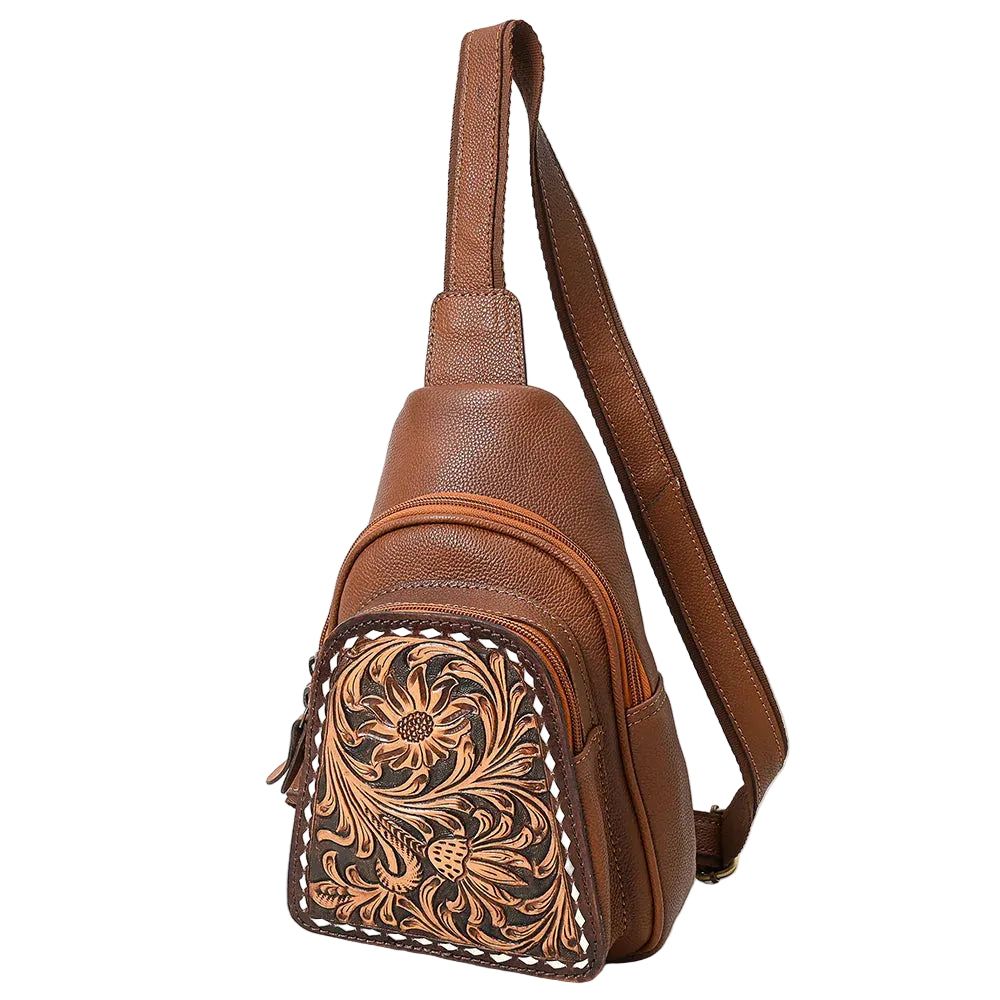 American Darling Brown Leather Sling Backpack with Tooled Floral Bag