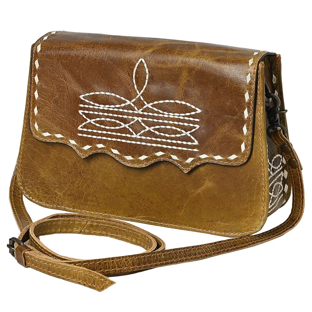 American Darling Distressed Leather Crossbody Gag with White Whipstitch Embroidery