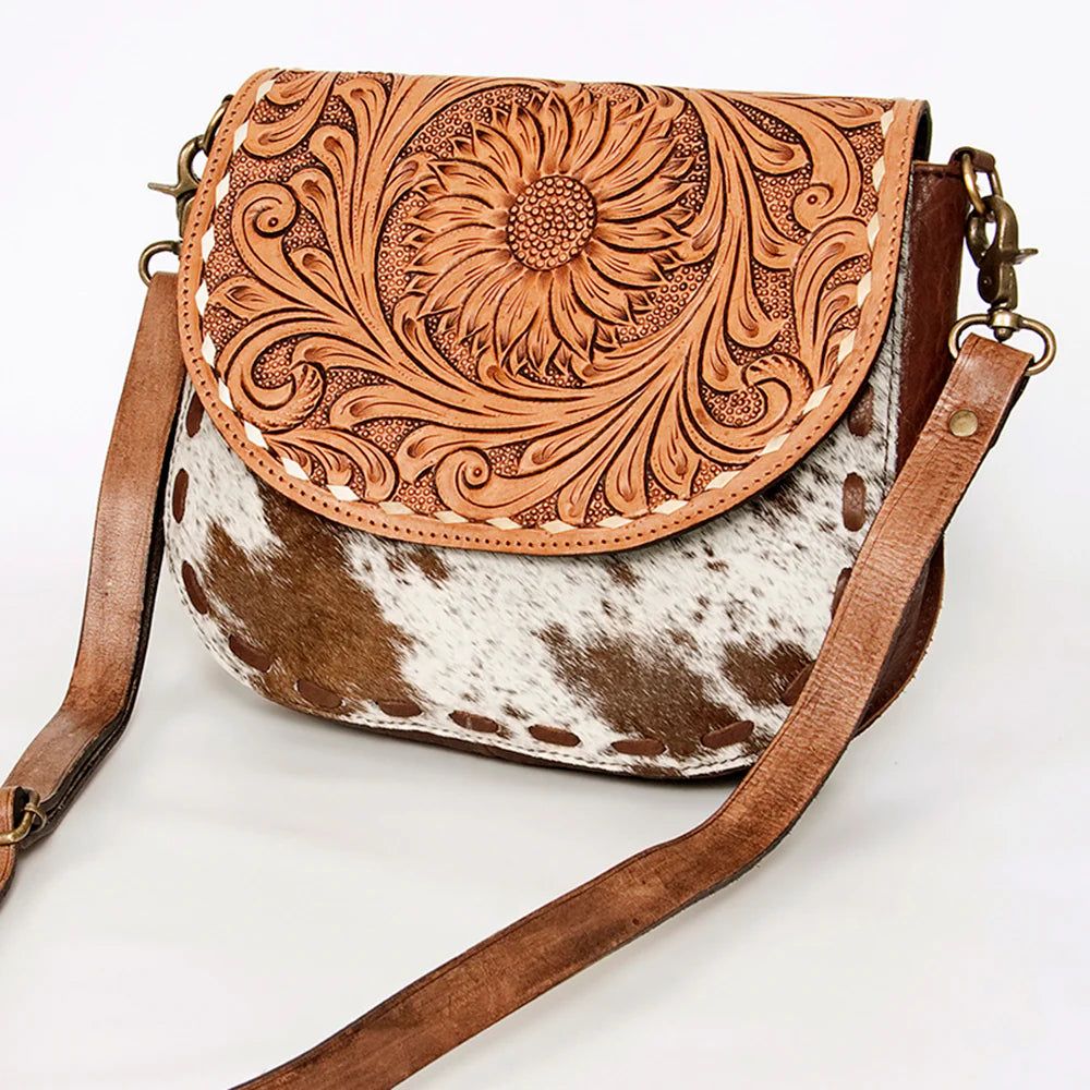 American Darling Hand Tooled Messenger Bag- Brown Cowhide with Sunflower-A