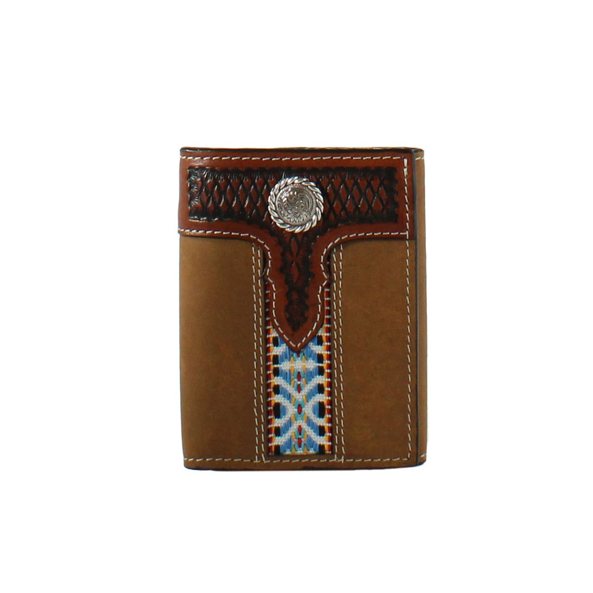 3D Men's Tooled Aztec Trifold Wallet - Brown