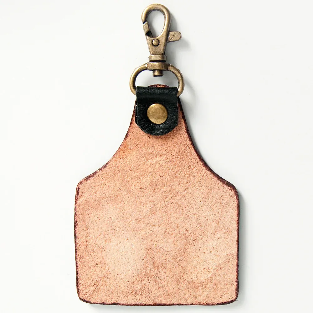 American Darling Tooled Leather Keychain Sunflower &amp; Western Scroll with Turquoise Border